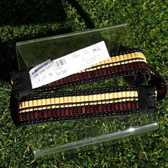 Loft Belt Beaded Tribal Wood 1" Cincher Hook Loop Brown Tan Black Sz M/L - Picture 3 of 8